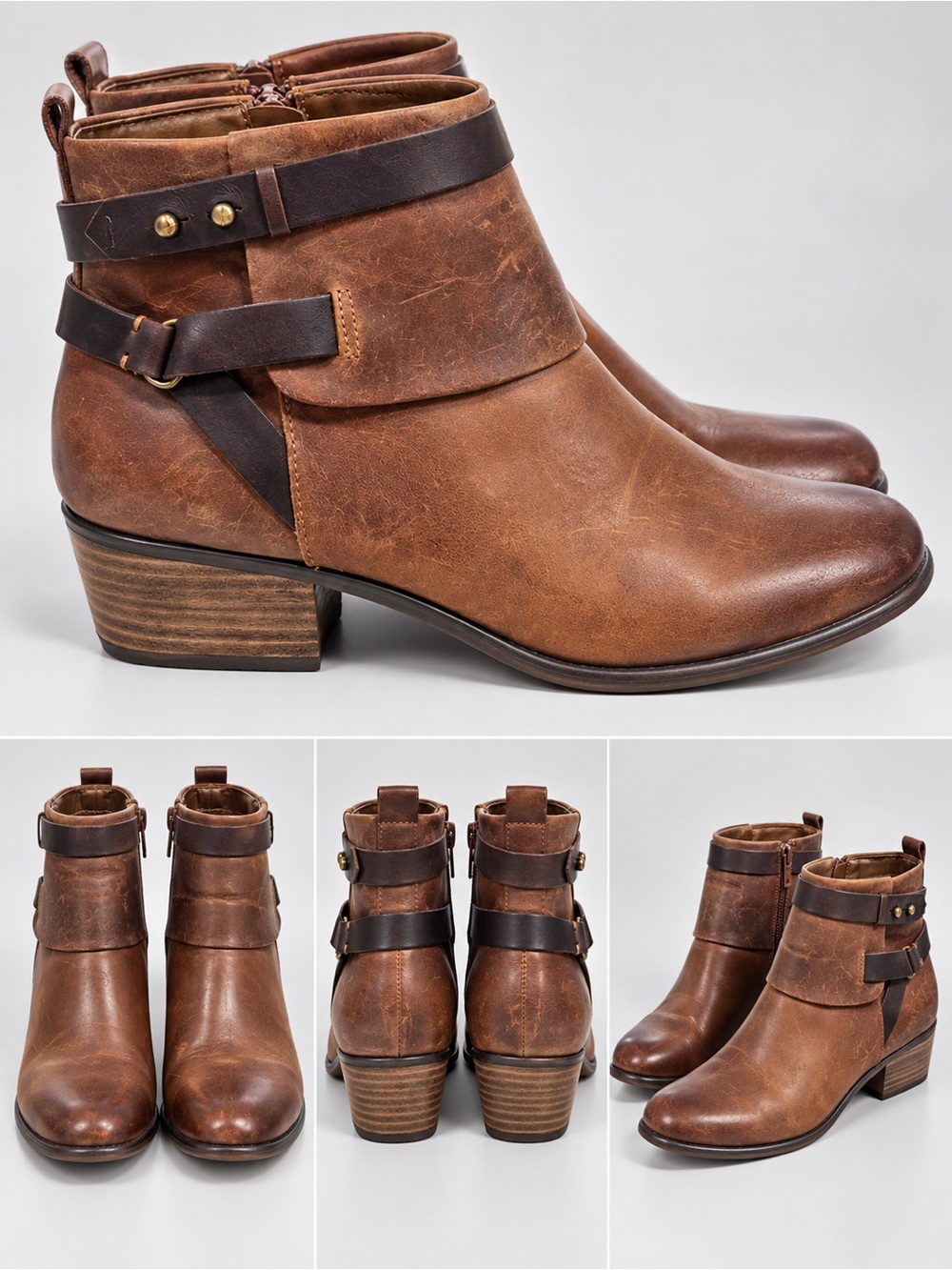 Clarks Collection Brown Leather Ankle Boots Buckle Strap Zip Booties Size 10